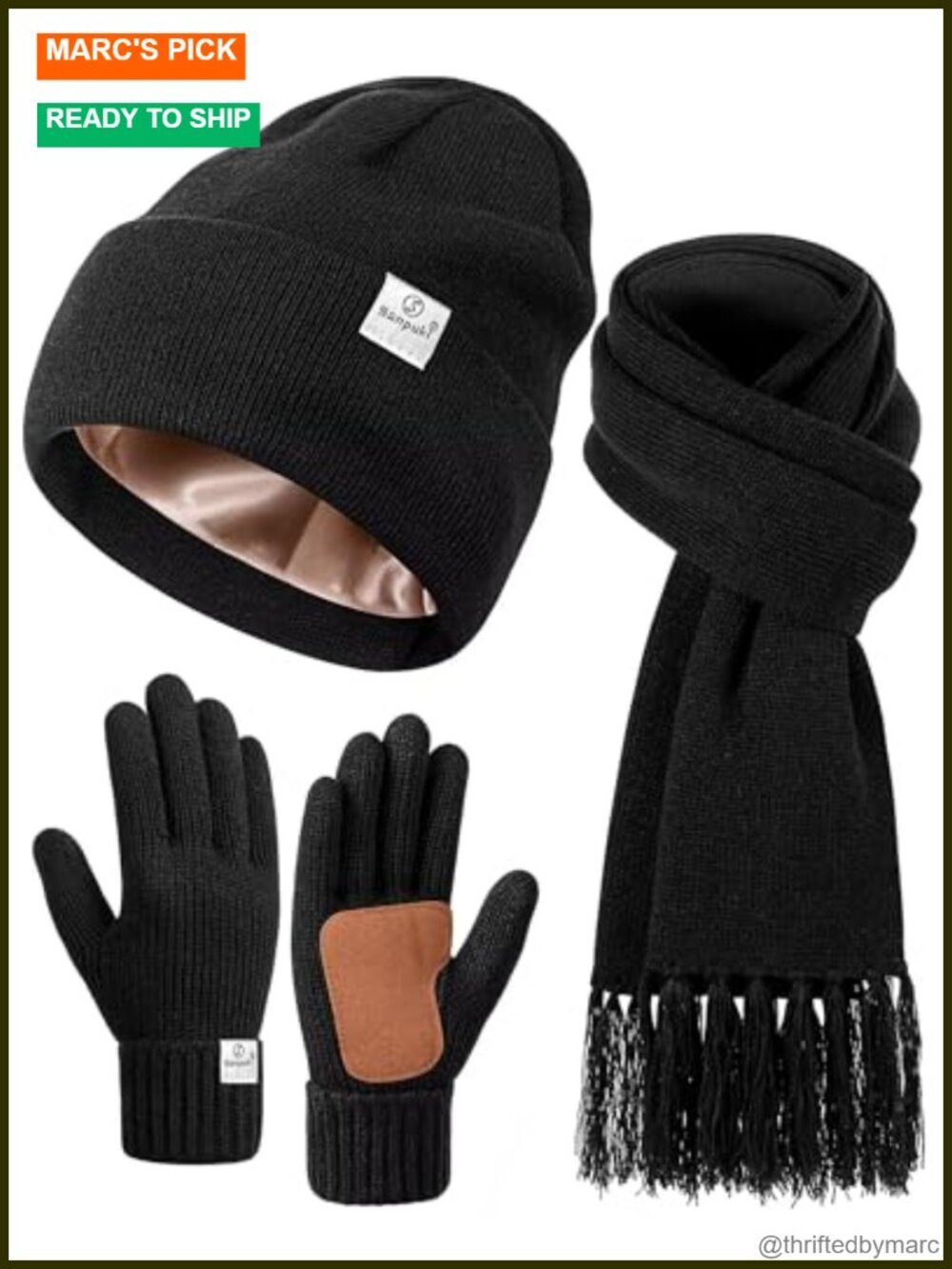 Women's Satin Lined Beanie Scarf Gloves Set Silk Lined Winter Knit Gift